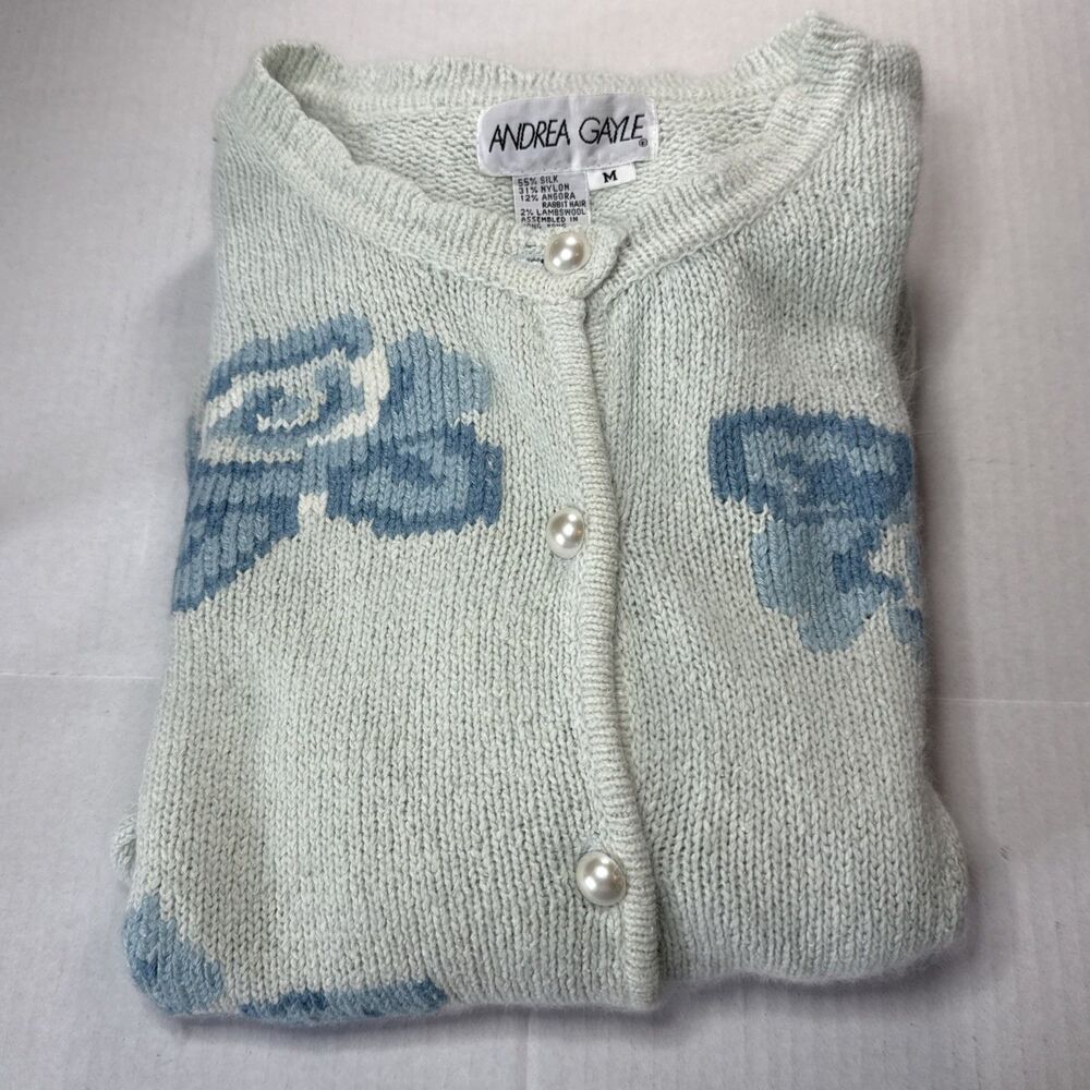 Vintage 90’s Andrea Gayle Silk Angora Floral Cardigan Sweater M Pearl Grandmacor